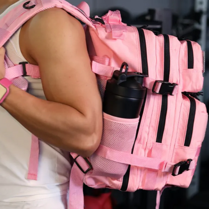 Tactical backpack shown from a different angle, emphasizing its ergonomic design and various compartments.
