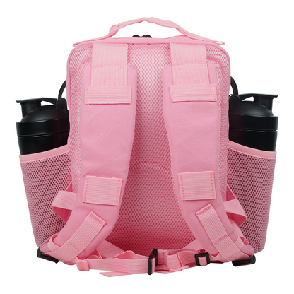Pink backpack with water bottle holders on a white background