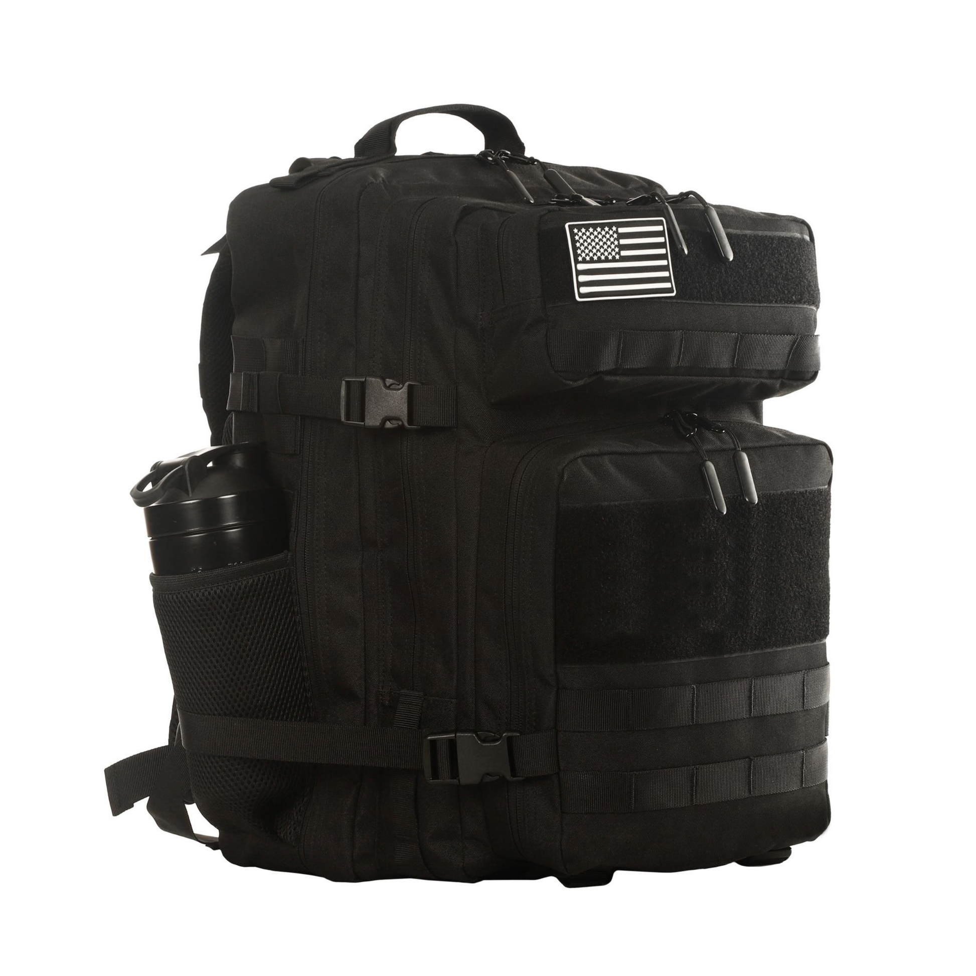 Black tactical backpack with American flag patch on a white background
