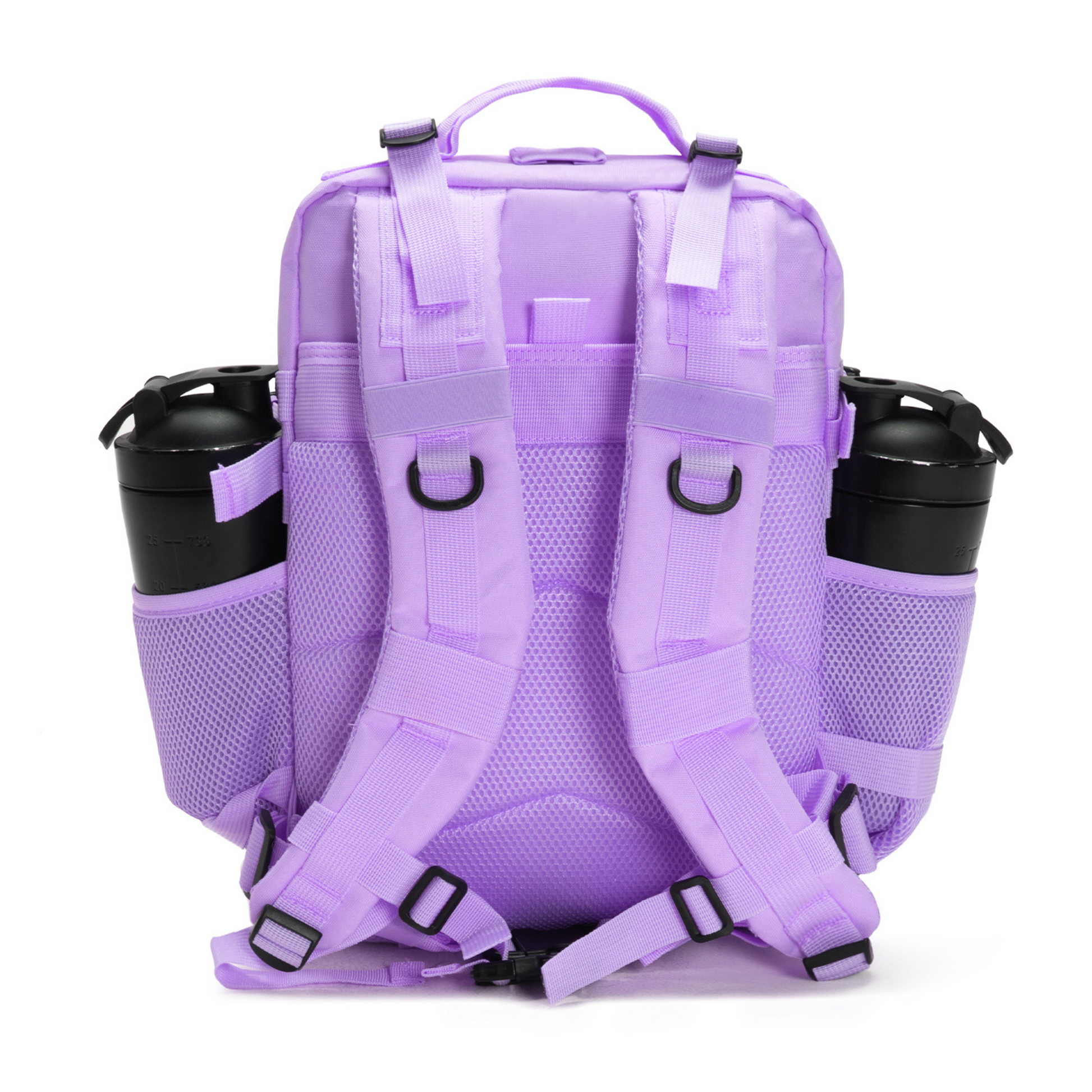 Purple backpack with water bottle holders on a white background