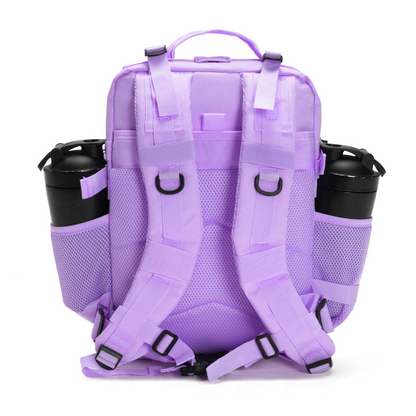 Purple backpack with water bottle holders on a white background