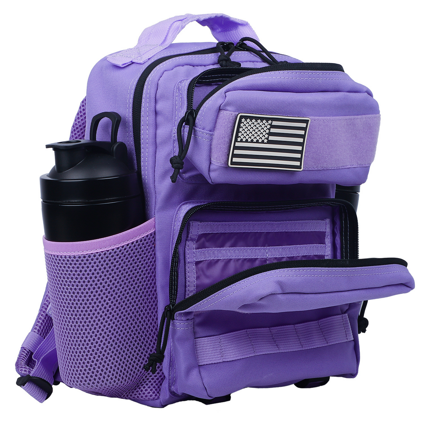 Purple backpack with an American flag patch and a black water bottle on a white background