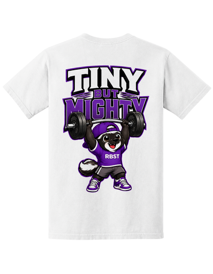 A white short-sleeve t-shirt with a large graphic on the front featuring a cartoon raccoon mascot lifting a barbell under the text 'TINY BUT MIGHTY' in purple and white.