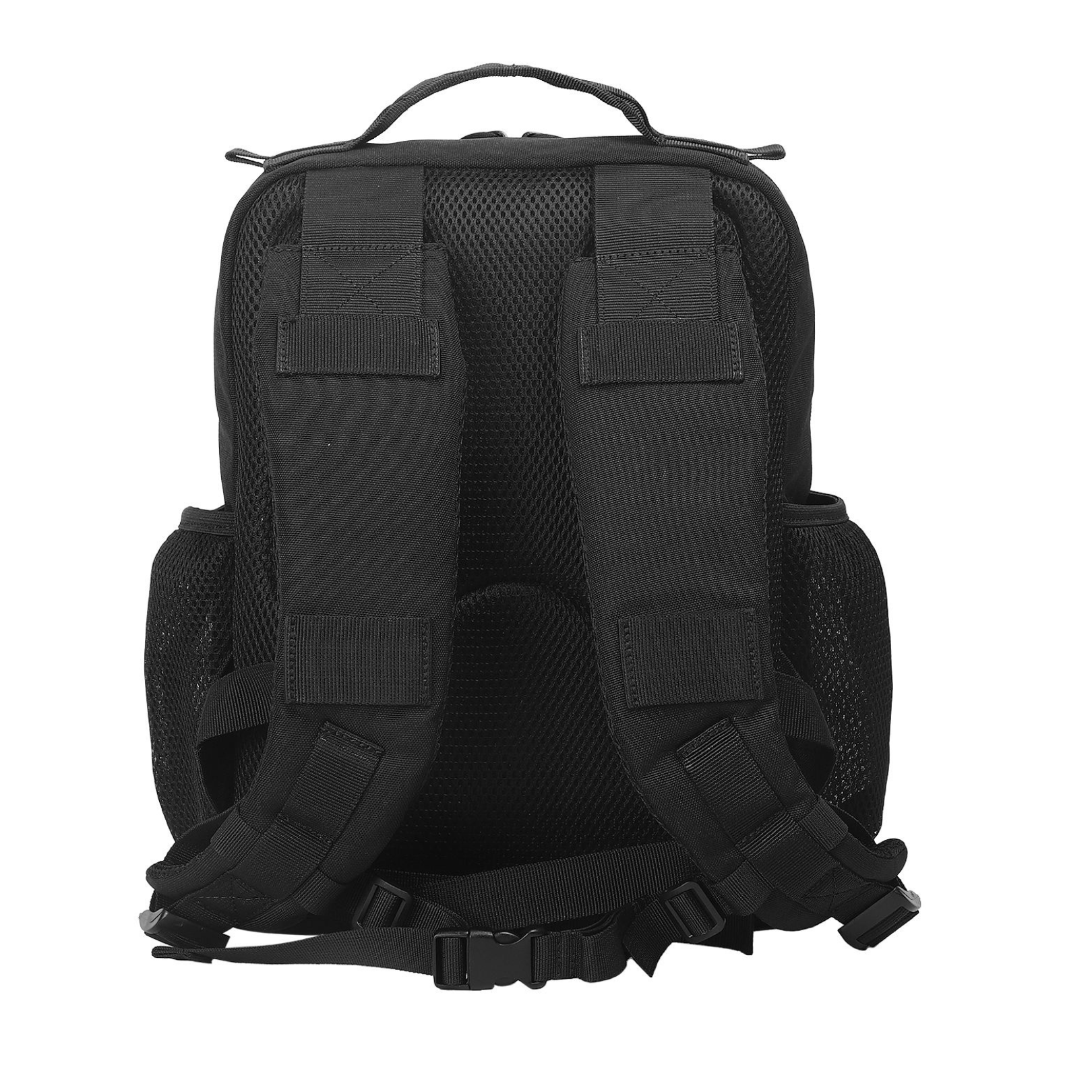 Back view of the tactical backpack, showcasing padded straps, breathable back panel, and adjustable features.