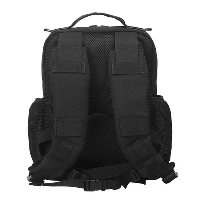 Back view of the tactical backpack, showcasing padded straps, breathable back panel, and adjustable features.