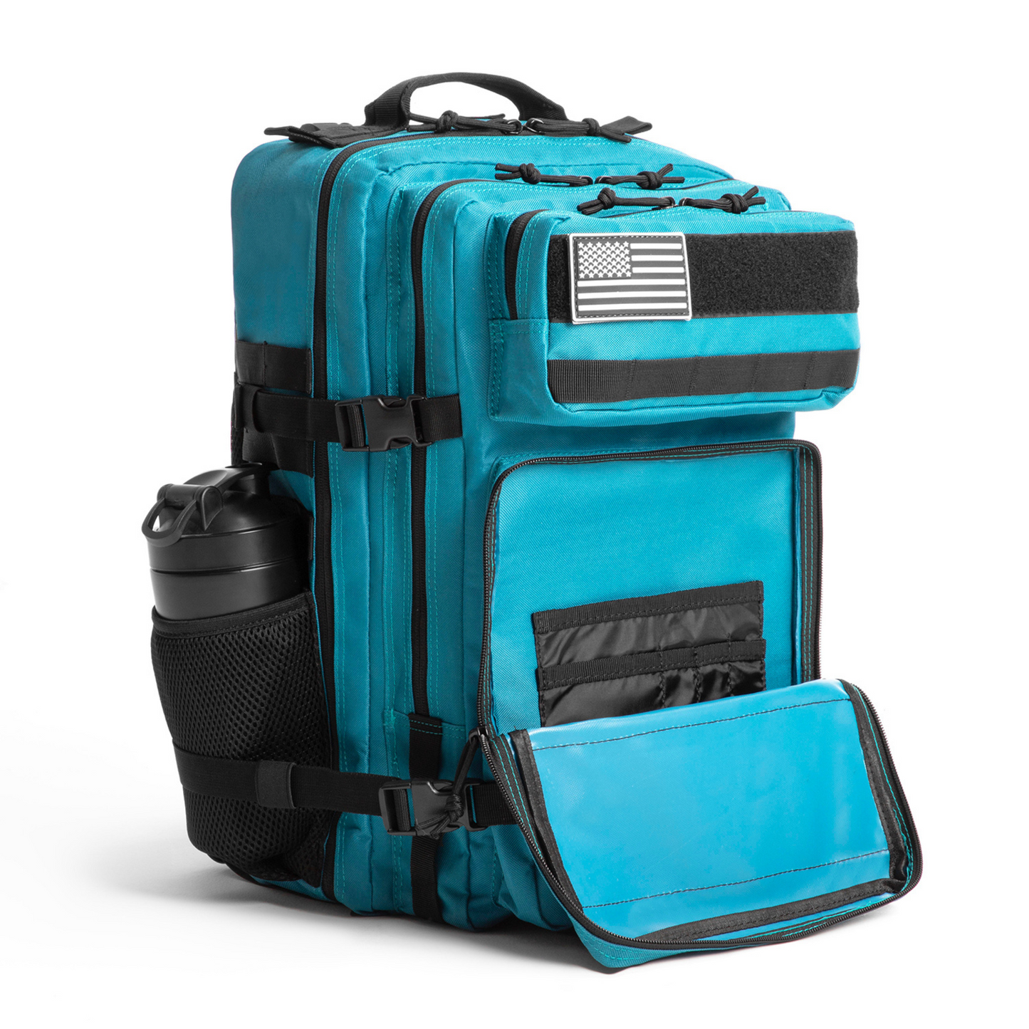 Blue tactical backpack with American flag patch on a white background