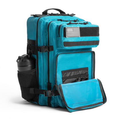 Blue tactical backpack with American flag patch on a white background