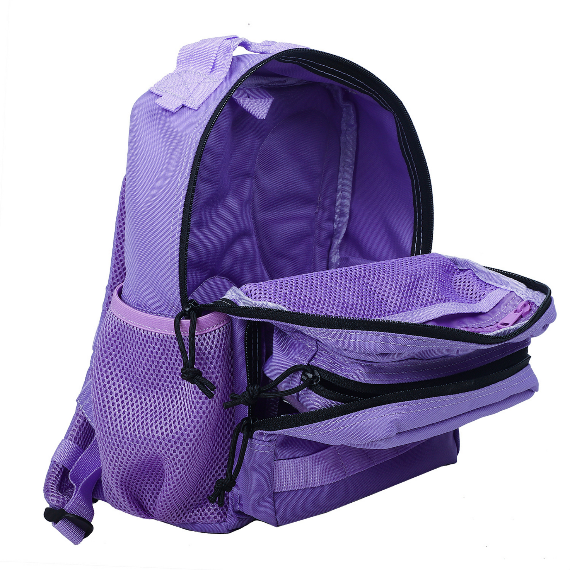 Purple backpack with black straps on a white background