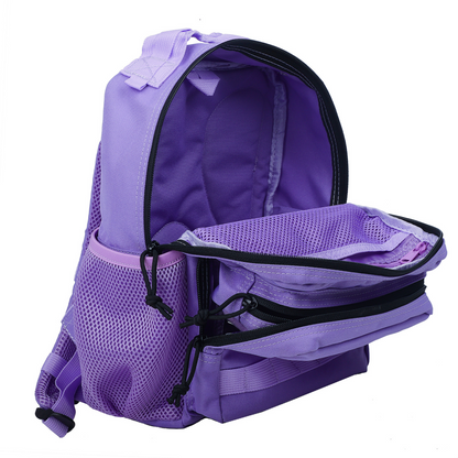 Purple backpack with black straps on a white background