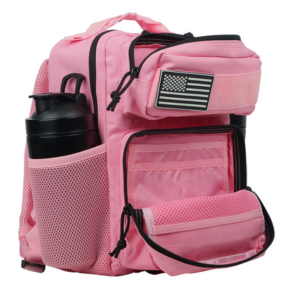 Pink backpack with American flag patch and water bottle holder on a white background