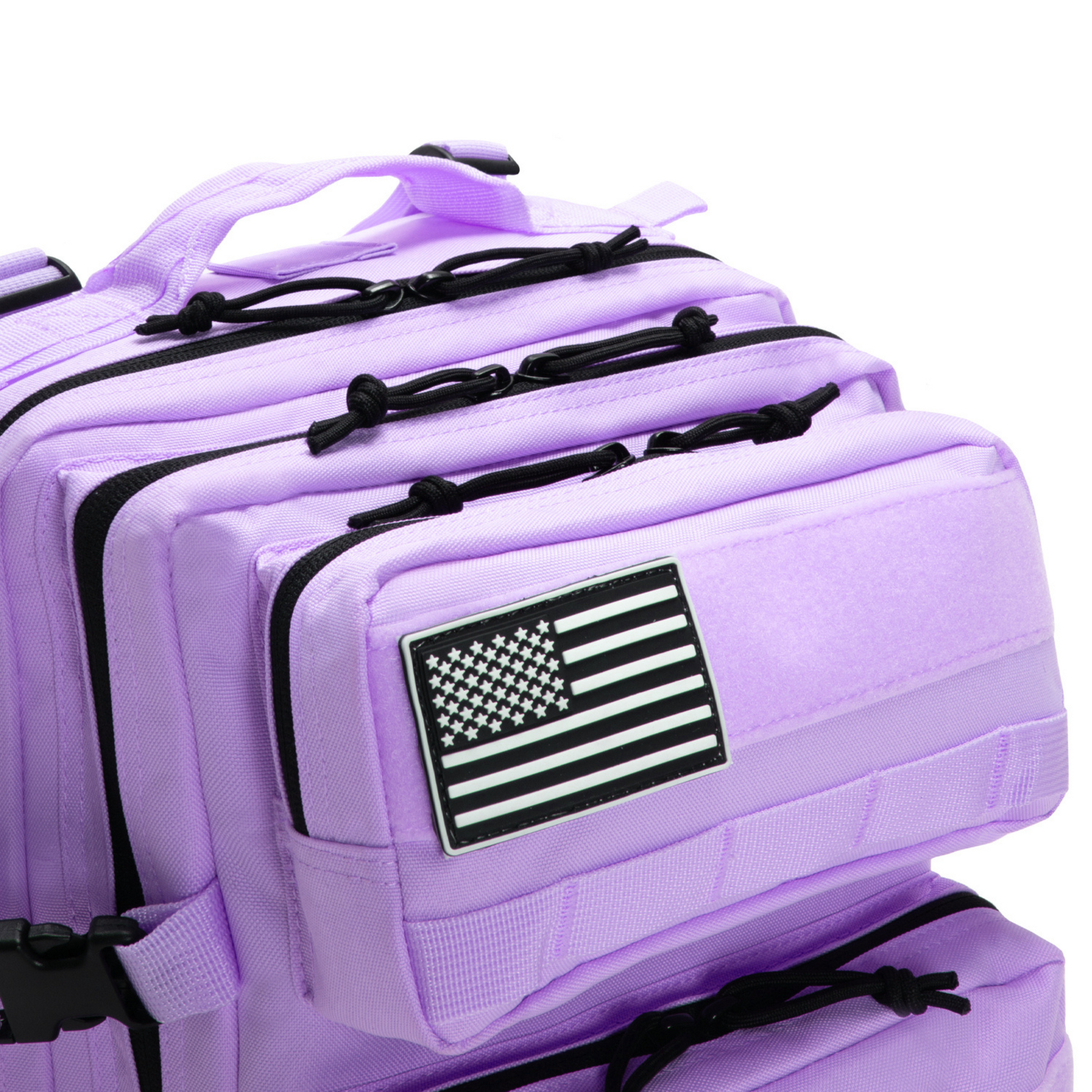 Stack of purple bags with American flag patch on a white background