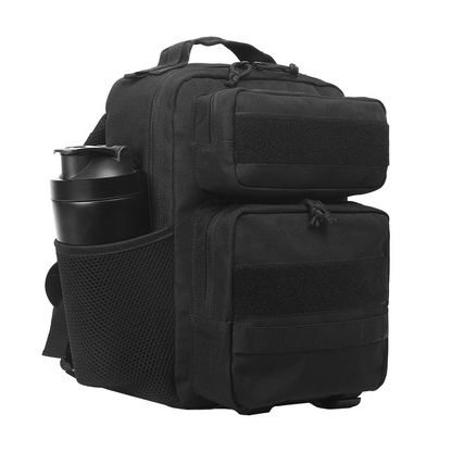 Tactical backpack shown from a different angle, emphasizing its ergonomic design and various compartments.