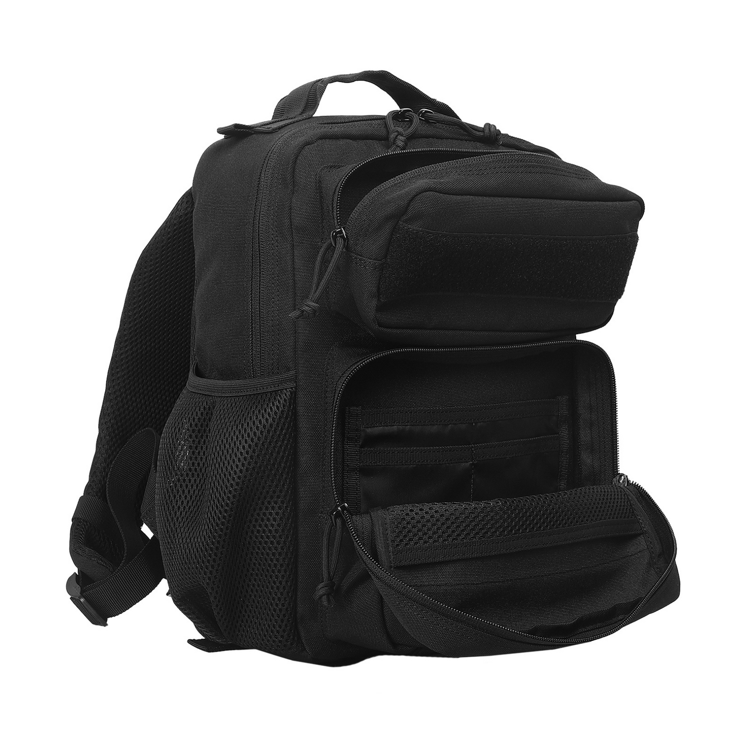 Tactical backpack shown from a different angle, emphasizing its ergonomic design and various compartments.
