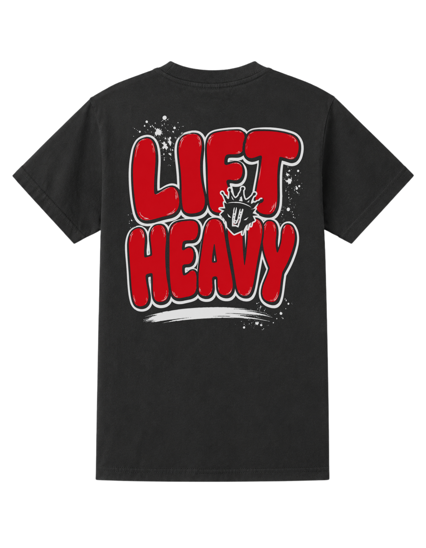 A black short-sleeve t-shirt shown from the back, featuring a large red graphic text print that reads 'LIFT HEAVY' with a small crown and hand design in the center, set against a plain white background.