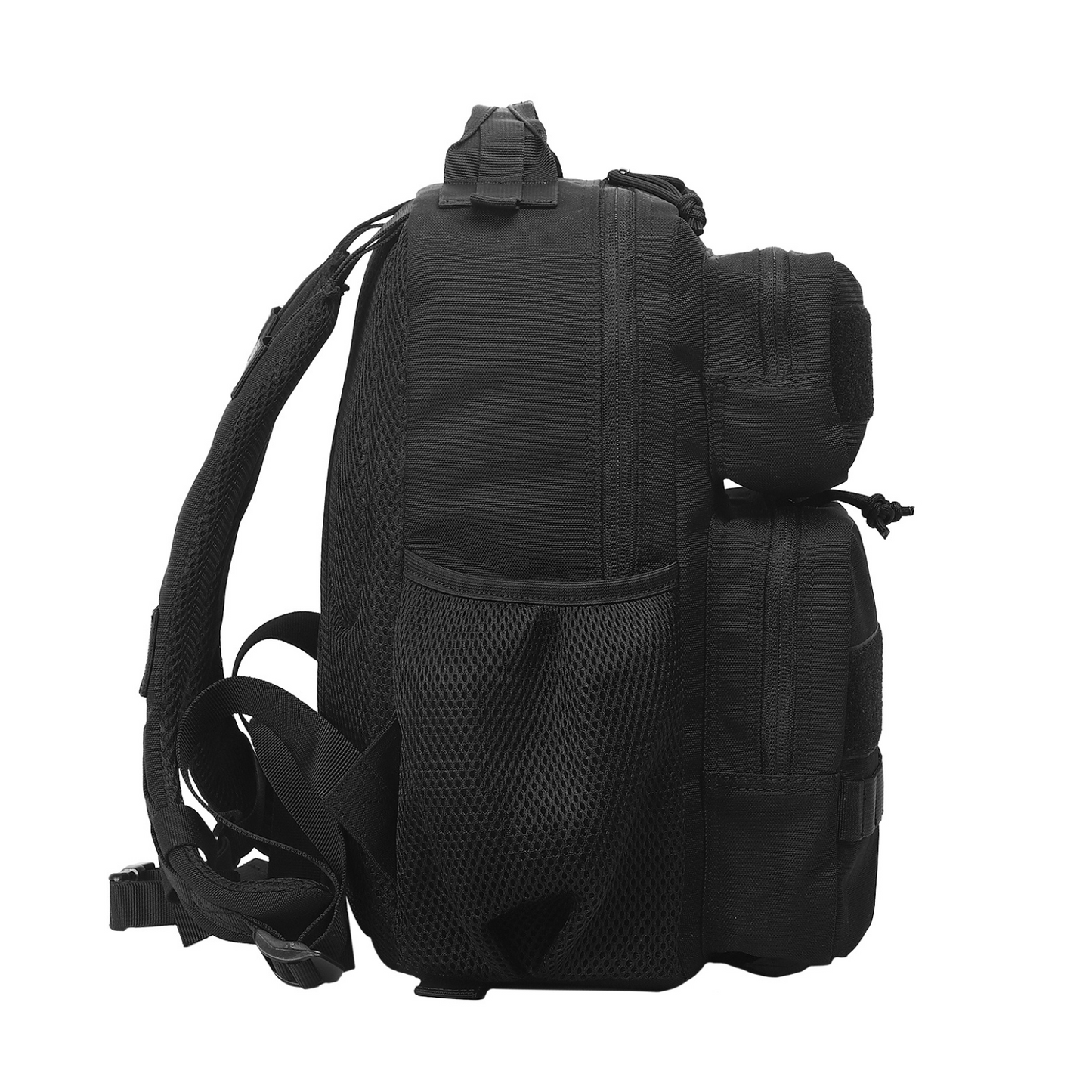 Tactical backpack shown from a different angle, emphasizing its ergonomic design and various compartments.