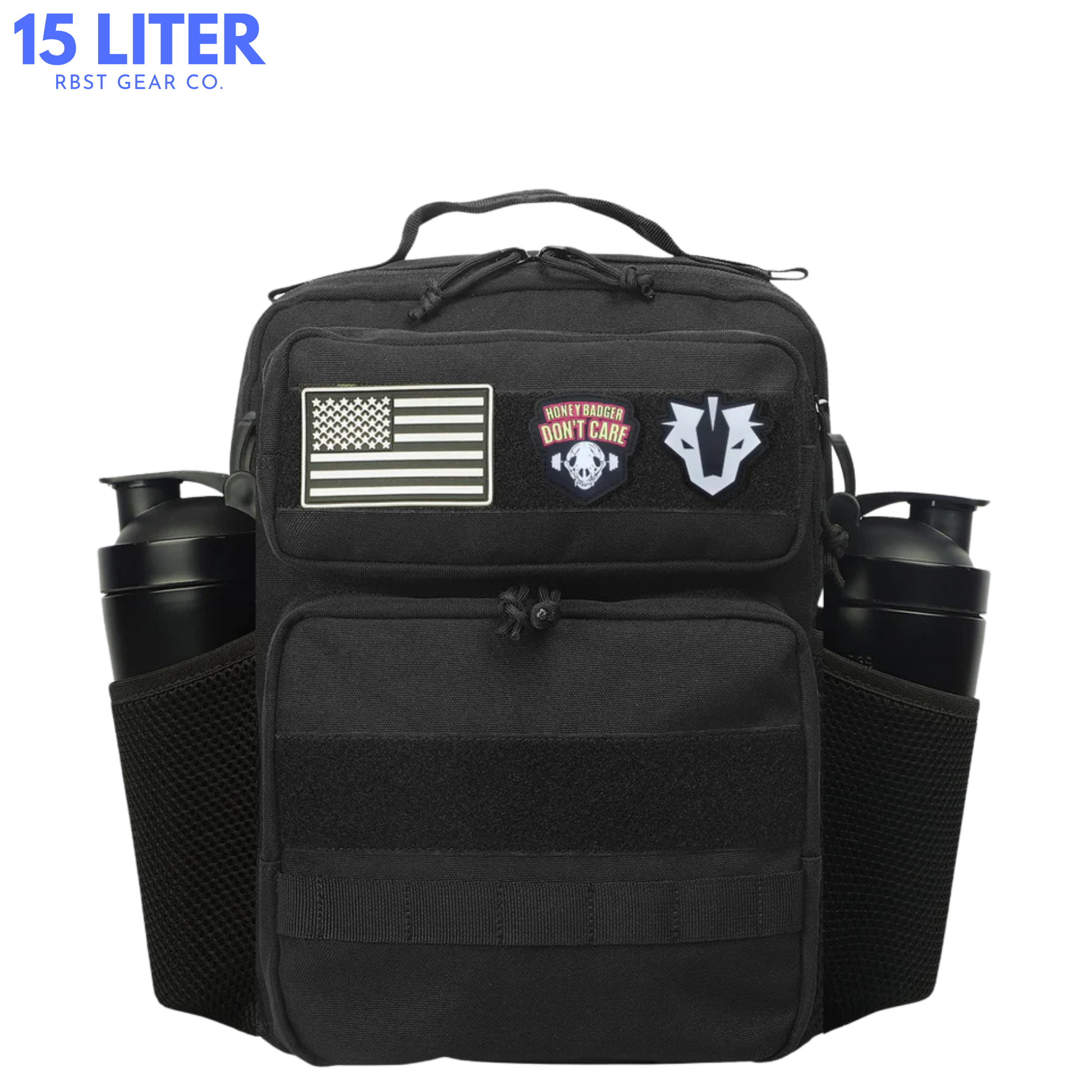 Black tactical backpack with patches and water bottles on a white background, featuring '15 Liter' and 'RBST Gear Co.' text.