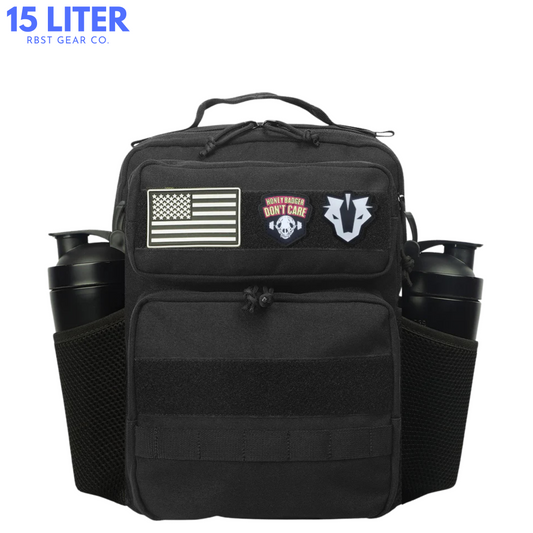 Black tactical backpack with patches and water bottles on a white background, featuring '15 Liter' and 'RBST Gear Co.' text.