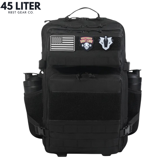 Black tactical backpack with patches on a white background, featuring '45 Liter' and 'RBST GEAR CO.' text.