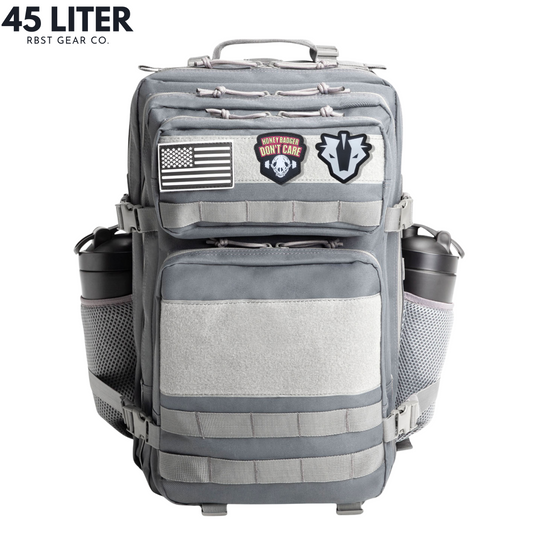 Gray backpack with patches on a white background, featuring '45 Liter' and 'RBST Gear Co.' text.