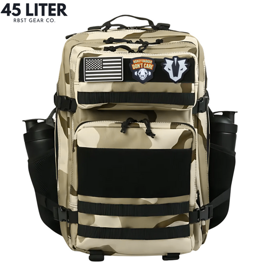 Tactical backpack designed for work, CrossFit, and gym use, displayed from a front angle to highlight its robust and multifunctional features.