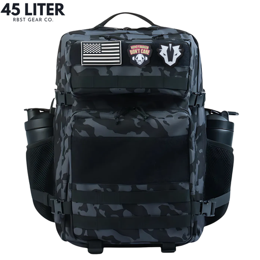 Camouflage backpack with patches on a white background, featuring '45 Liter' and 'RBST GEAR CO.' text.