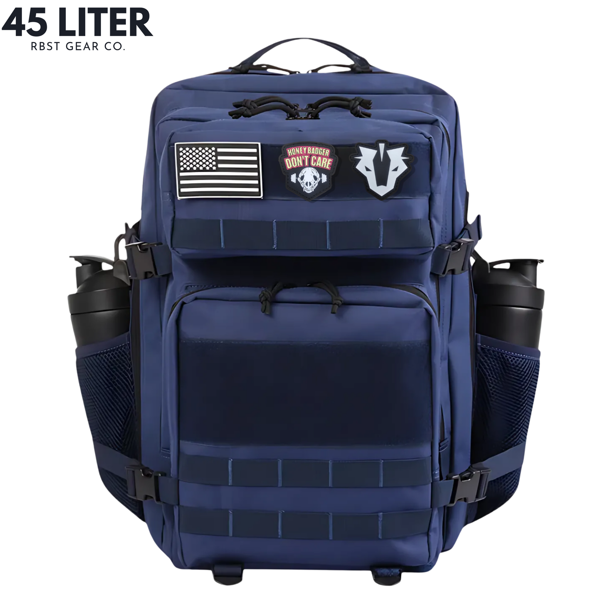 blue backpack with patches on a white background, featuring 'The Hive 45 Liter' branding.
