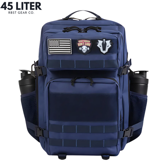 blue backpack with patches on a white background, featuring 'The Hive 45 Liter' branding.