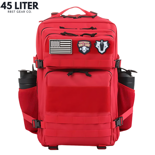 Red backpack with patches on a white background, featuring '45 Liter' and 'RBST GEAR CO.' text.