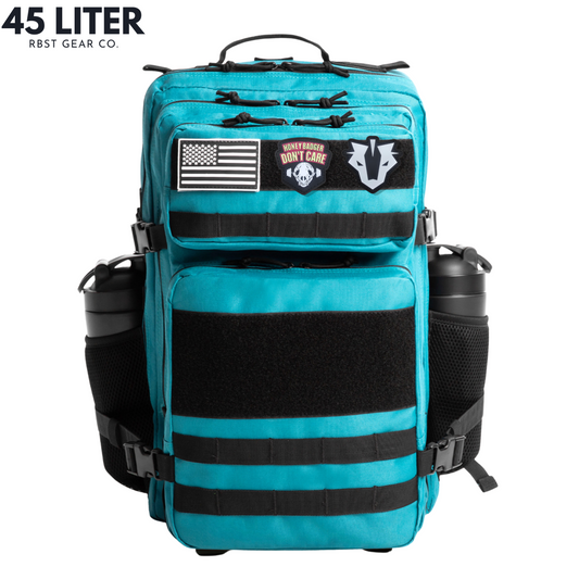 Blue backpack with black straps and patches on a white background, featuring '45 Liter' and 'RBST GEAR CO.' text.