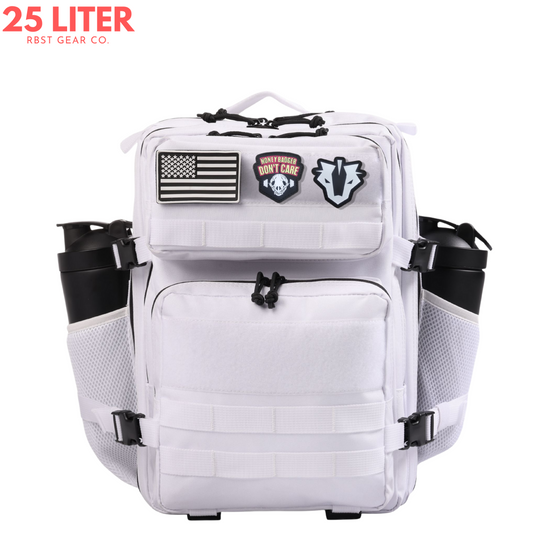 White backpack with patches on a white background, featuring 'The Hive 25 Liter' text.