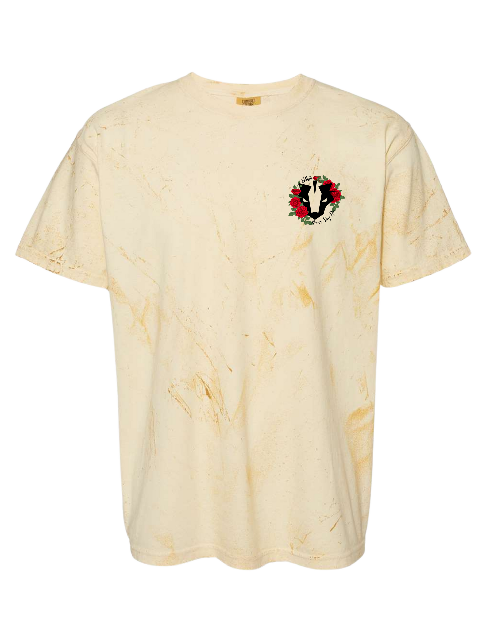 Beige t-shirt with a logo on the chest against a white background