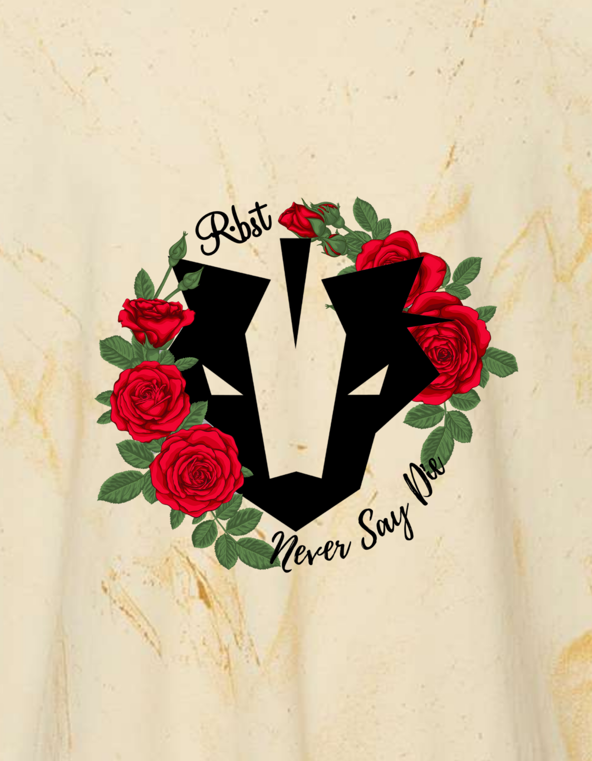 Black V logo with red roses and 'Never Say Die' text on a beige marble background
