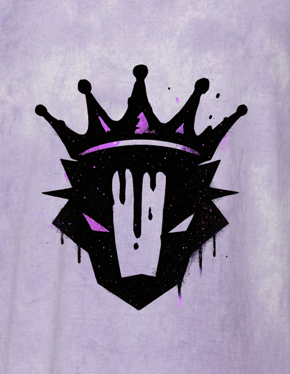 Black crown and hand logo with purple accents on a light gray background