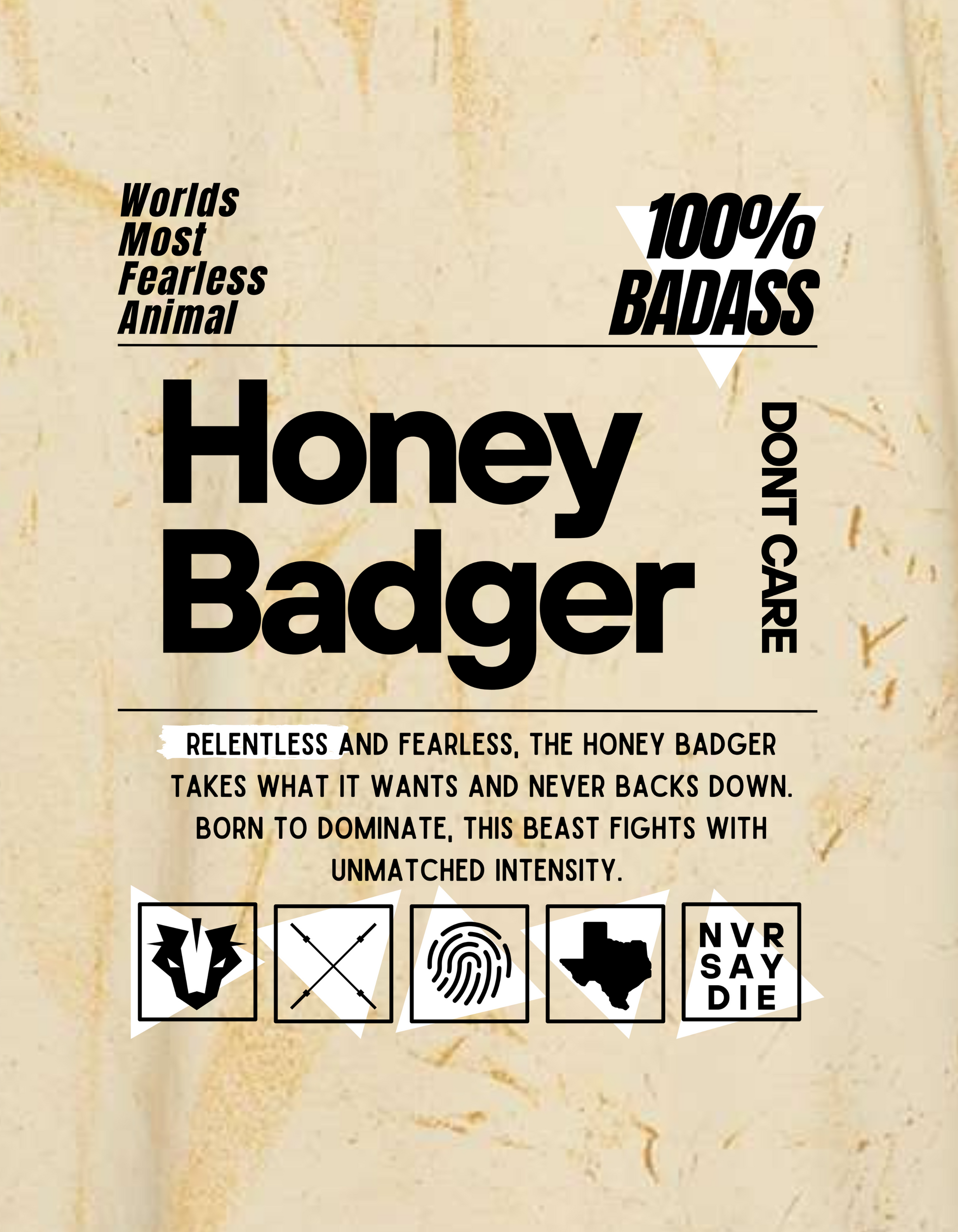Honey Badger-themed poster with text and icons on a beige background