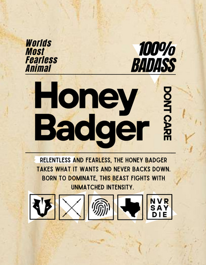 Honey Badger-themed poster with text and icons on a beige background