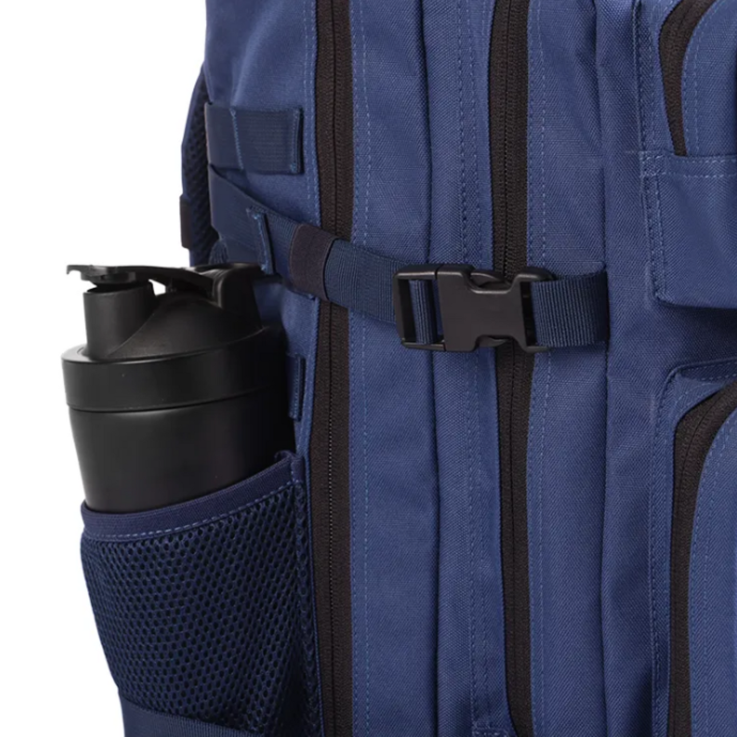 Tactical backpack shown from a different angle, emphasizing its ergonomic design and various compartments.
