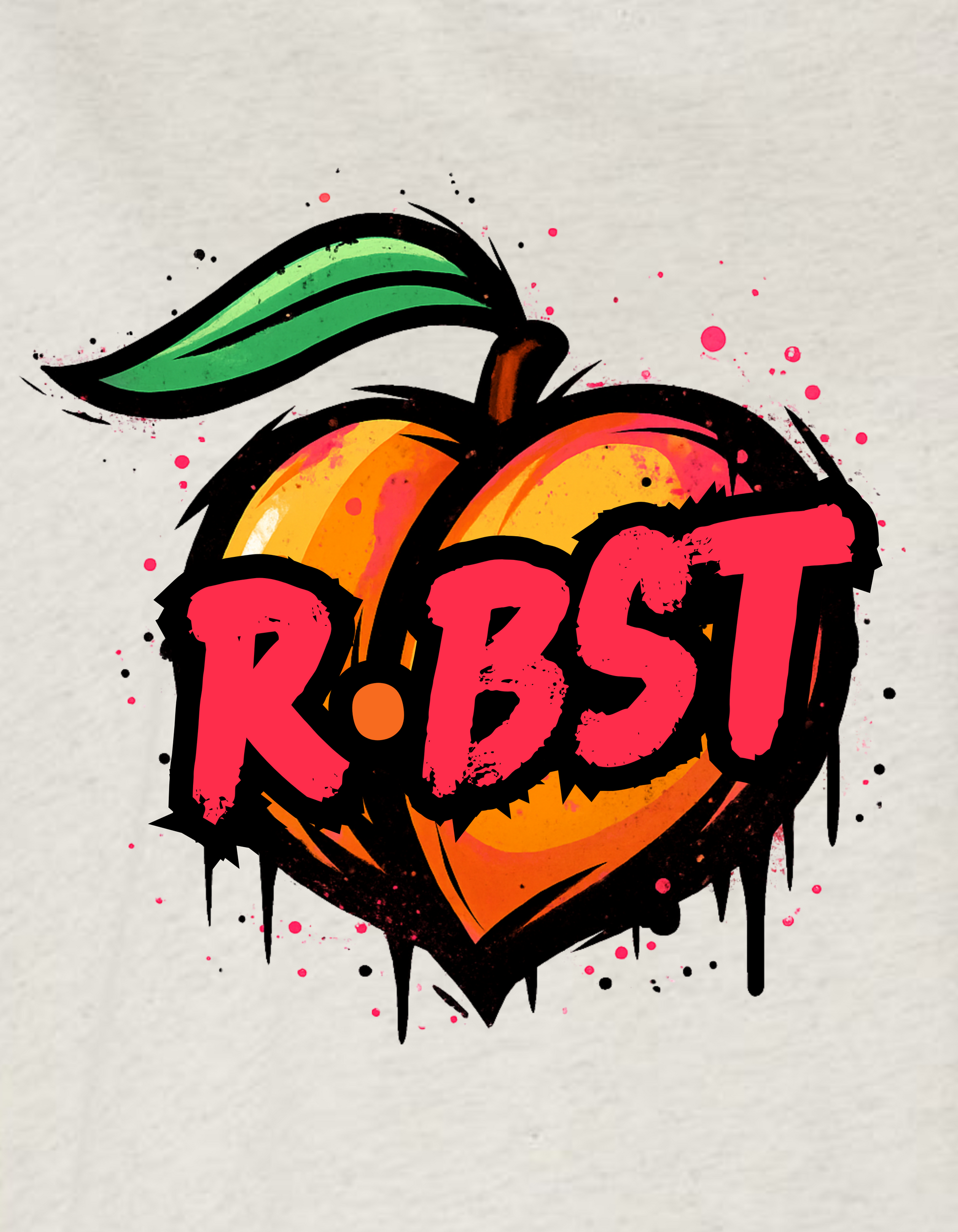 Heart-shaped design with 'R.BST' text and peach illustration on a light gray background