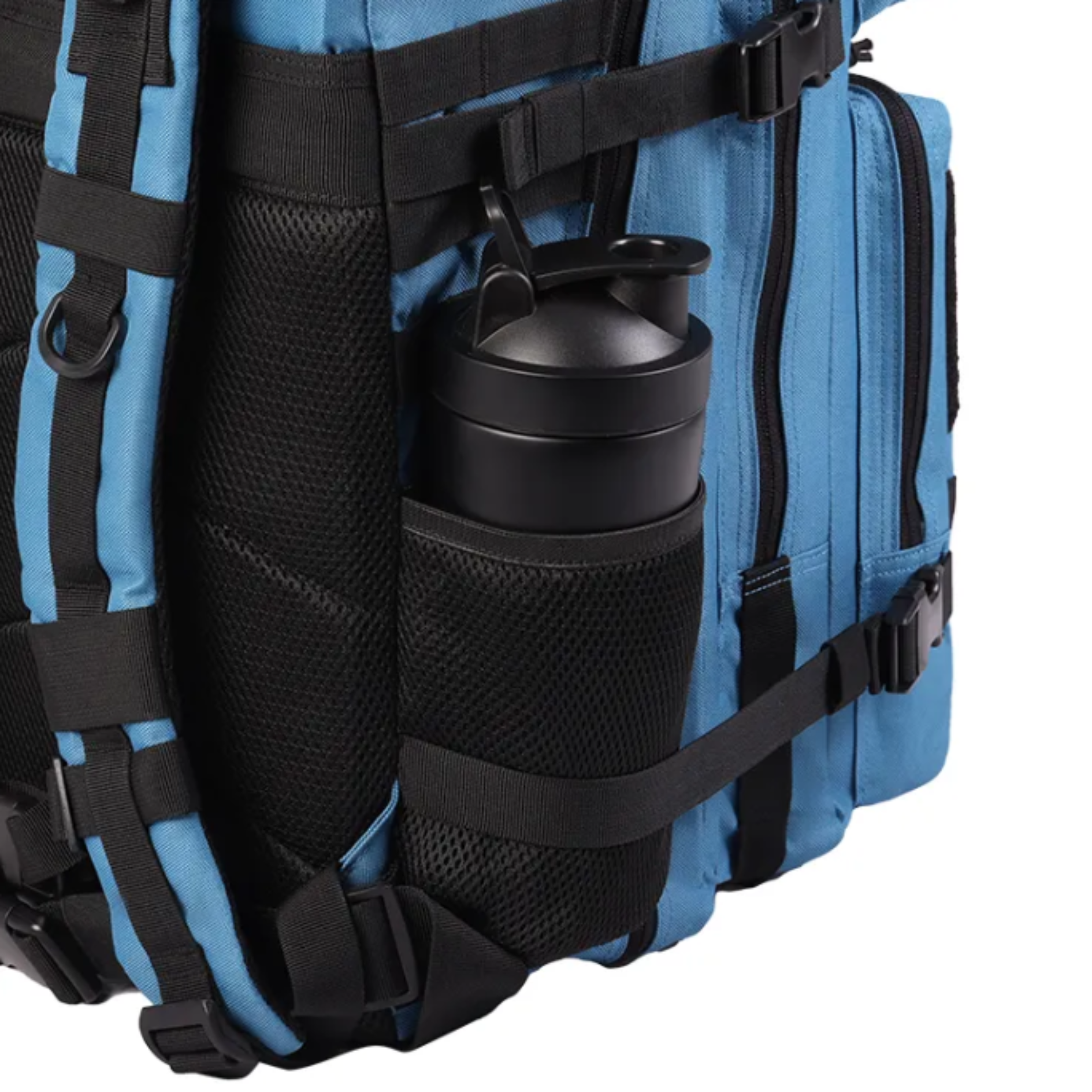 Tactical backpack shown from a different angle, emphasizing its ergonomic design and various compartments.