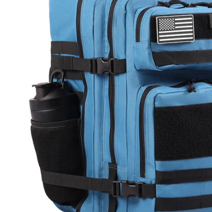 Tactical backpack shown from a different angle, emphasizing its ergonomic design and various compartments.