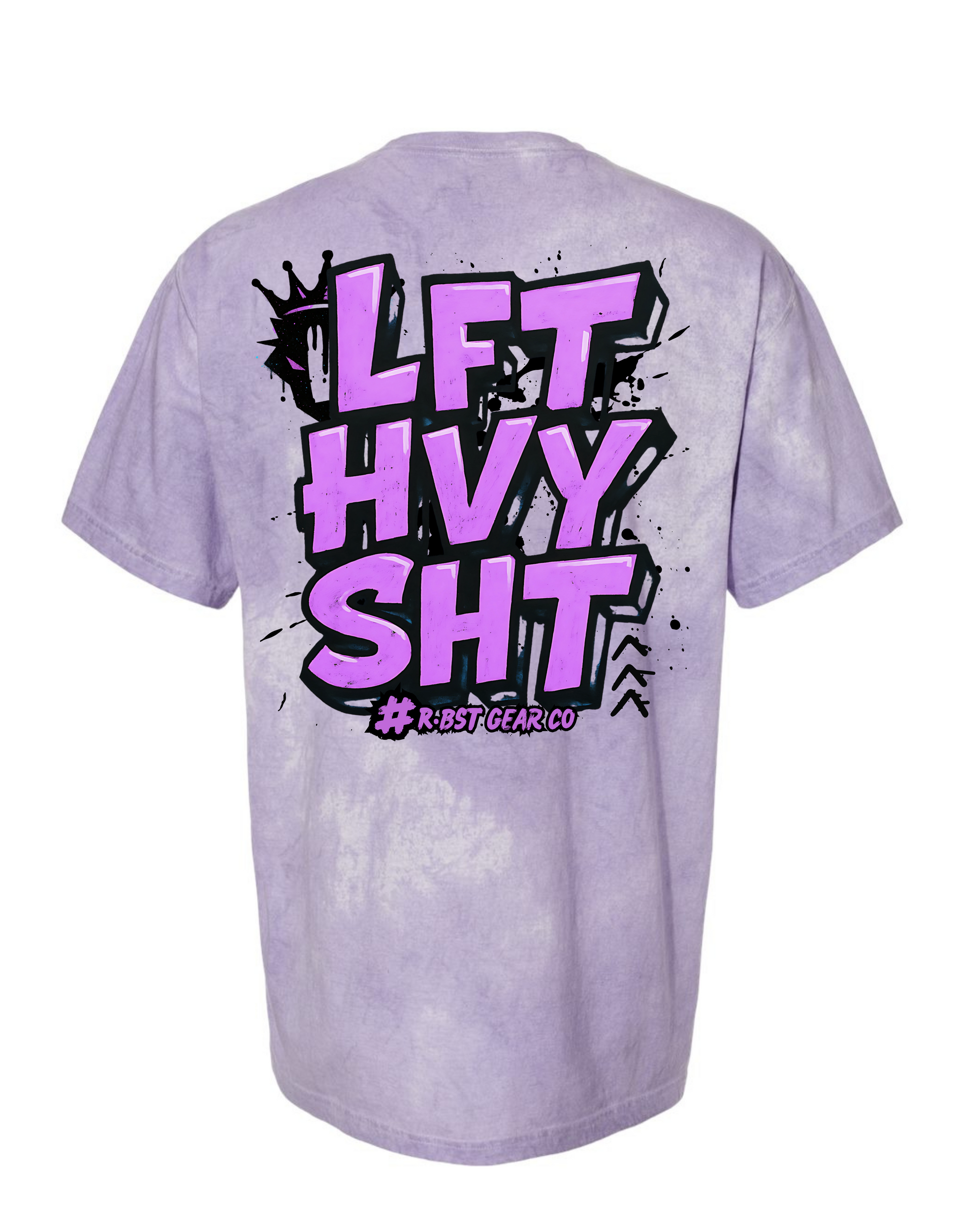 Purple t-shirt with pink and black text on a white background
