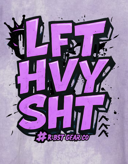 Purple text 'LFT HVY SHT' with a crown graphic on a light gray background