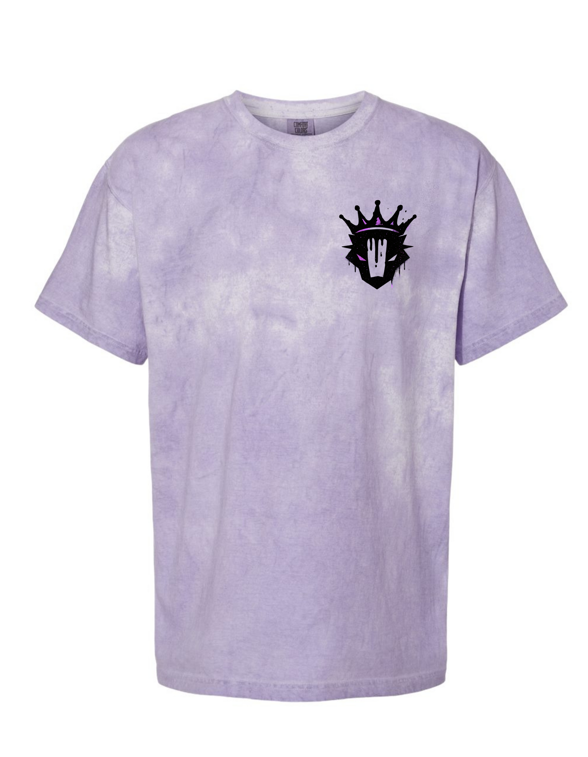 Purple tie-dye t-shirt with a black logo on a white background