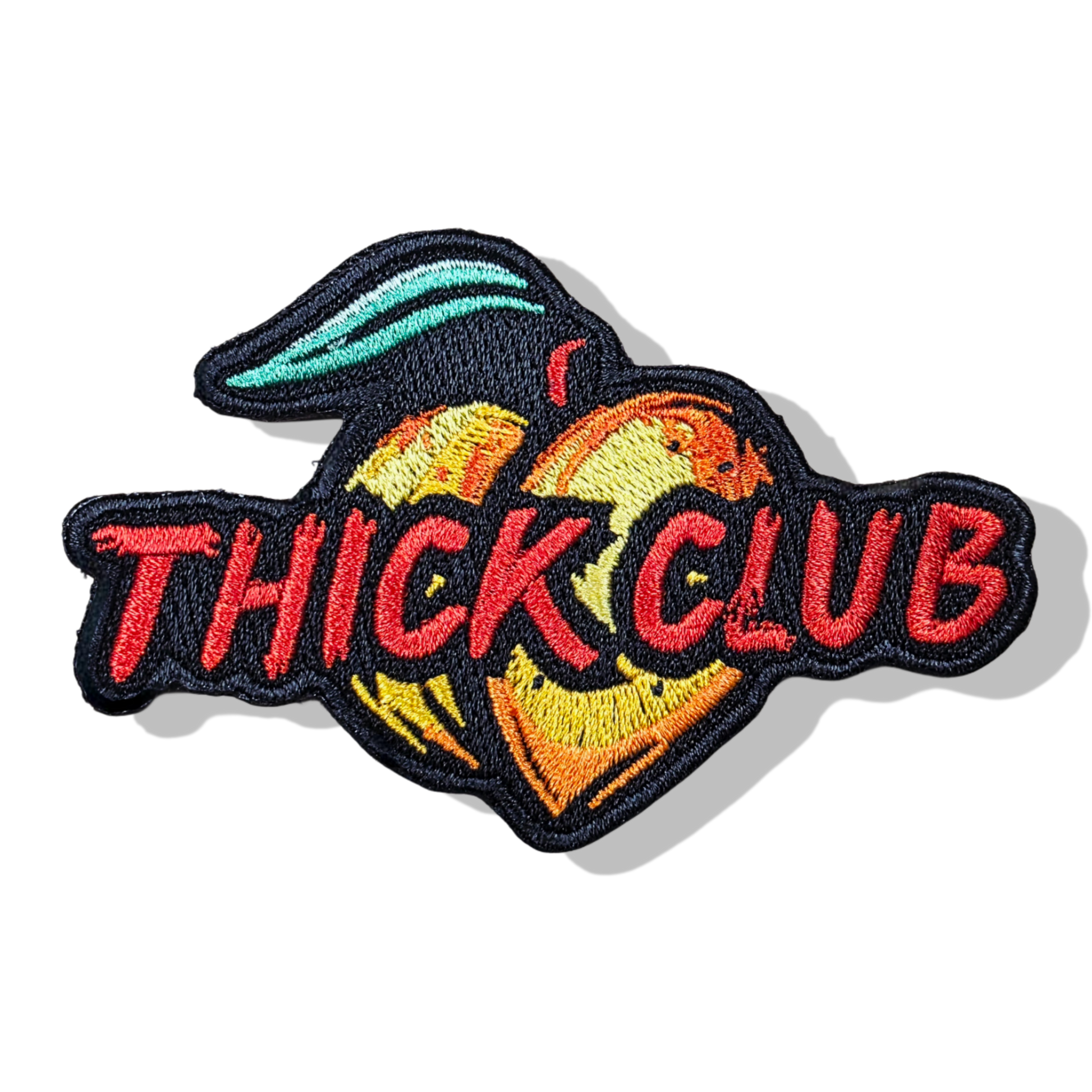 Embroidered patch with 'THICK CLUB' text on a white background
