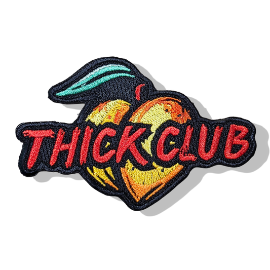 Embroidered patch with 'THICK CLUB' text on a white background