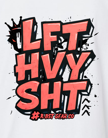 Text graphic with 'LFT HVY SHT' in red and black on a white background