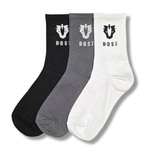 Three socks in black, gray, and white with a logo and text on a white background