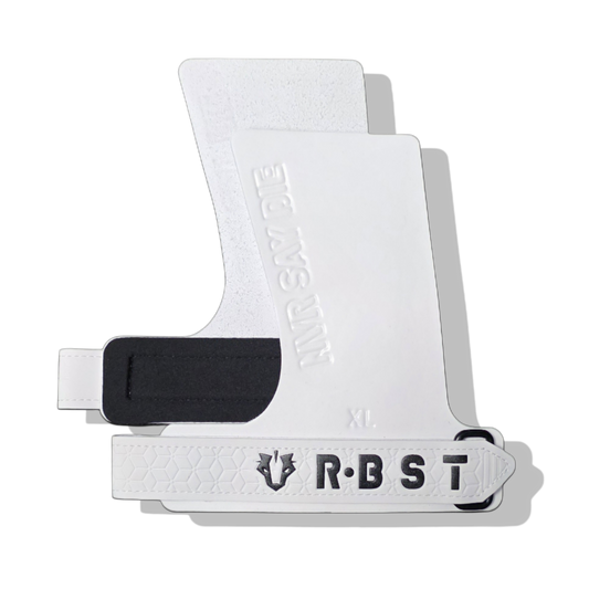 white silicone crossfit grips with never say die logo made by rbst gear co and the honey badger dont care 