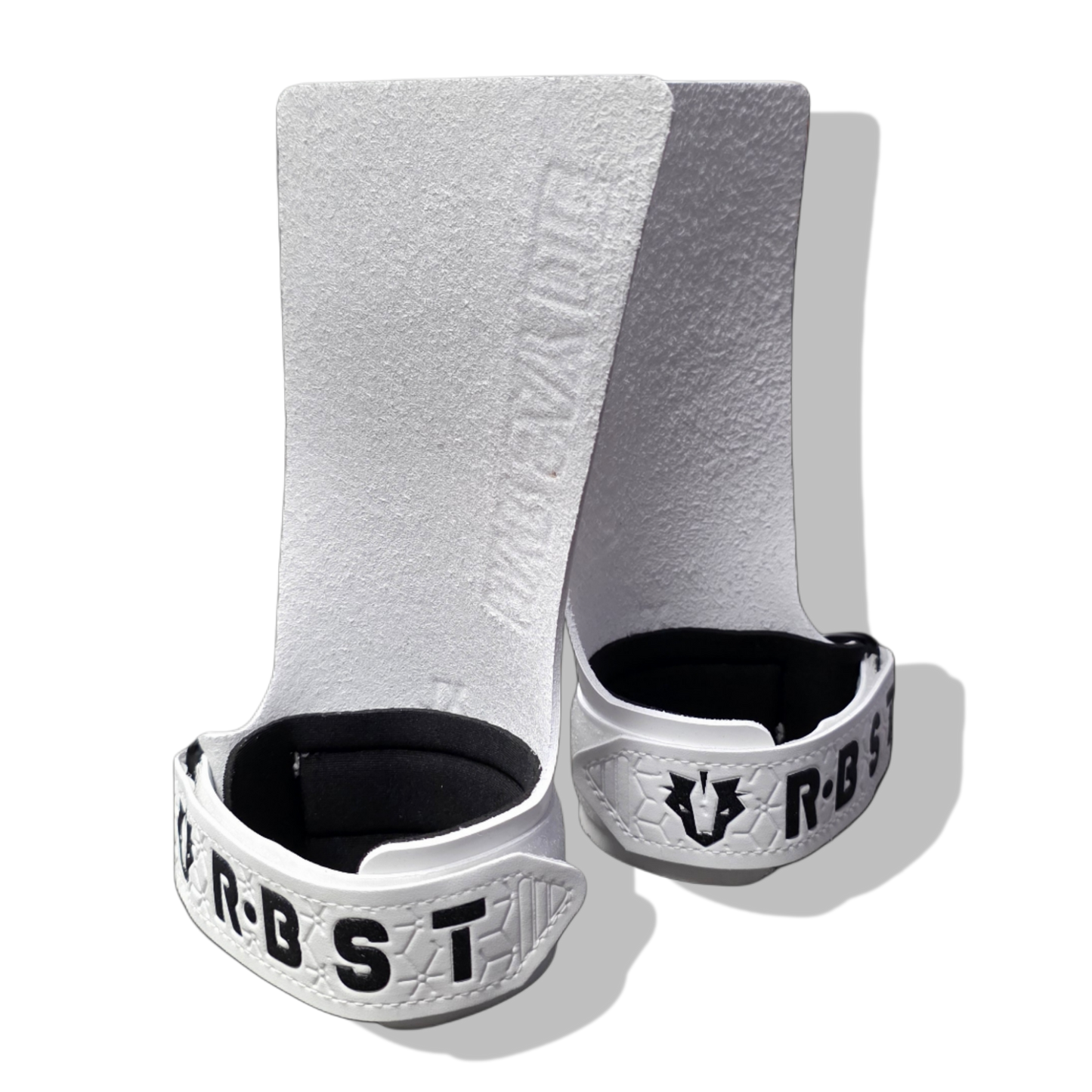 Pair of white and gray wrist wraps with 'R-B-ST' branding on a white background