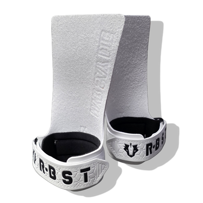 Pair of white and gray wrist wraps with 'R-B-ST' branding on a white background