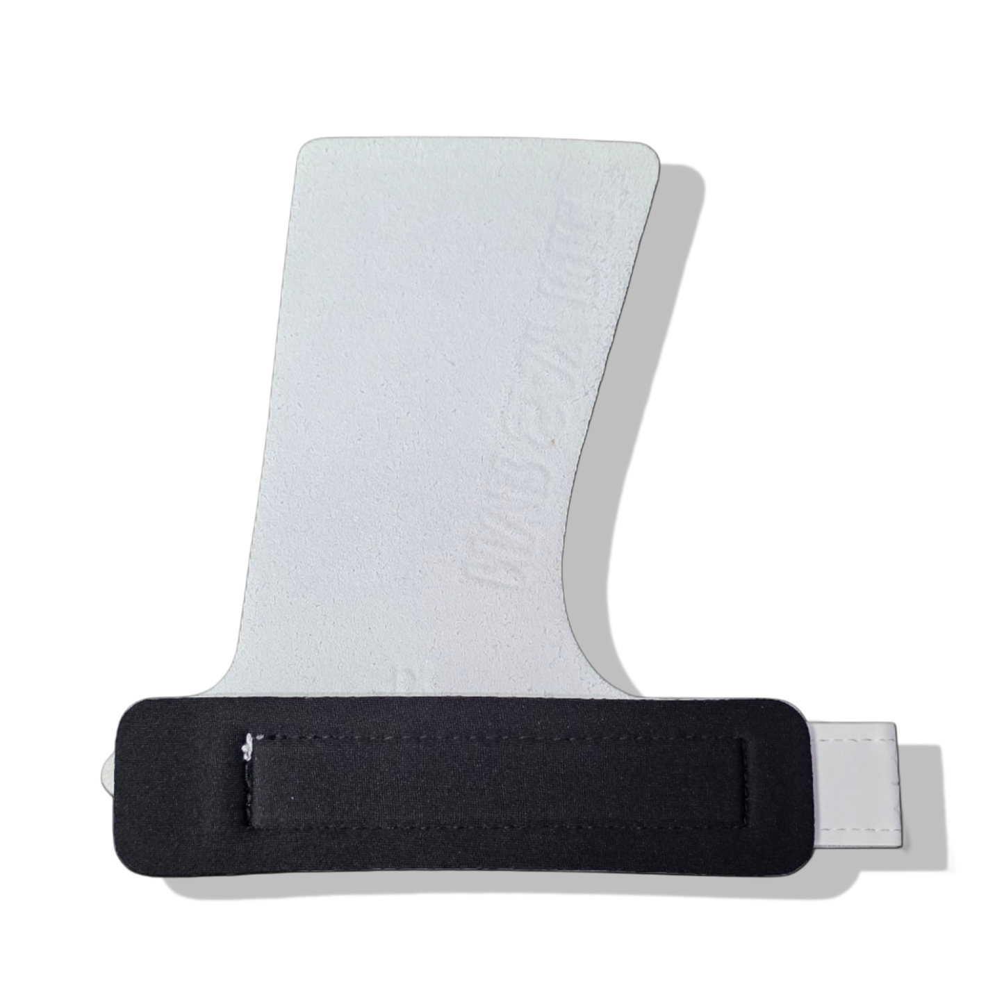 the back of white silicone crossfit grips with never say die logo made by rbst gear co and the honey badger dont care 